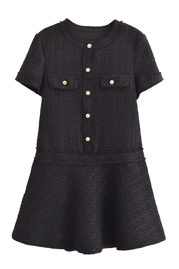 Metal Button Short Sleeve Round Neck Tweed Fit-and-Flare Mini Dress