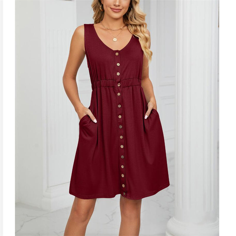 Solid Color Sleeveless Mini Dress with Button Details