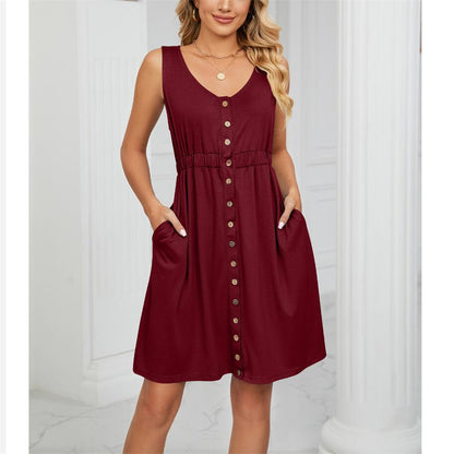 Solid Color Sleeveless Mini Dress with Button Details