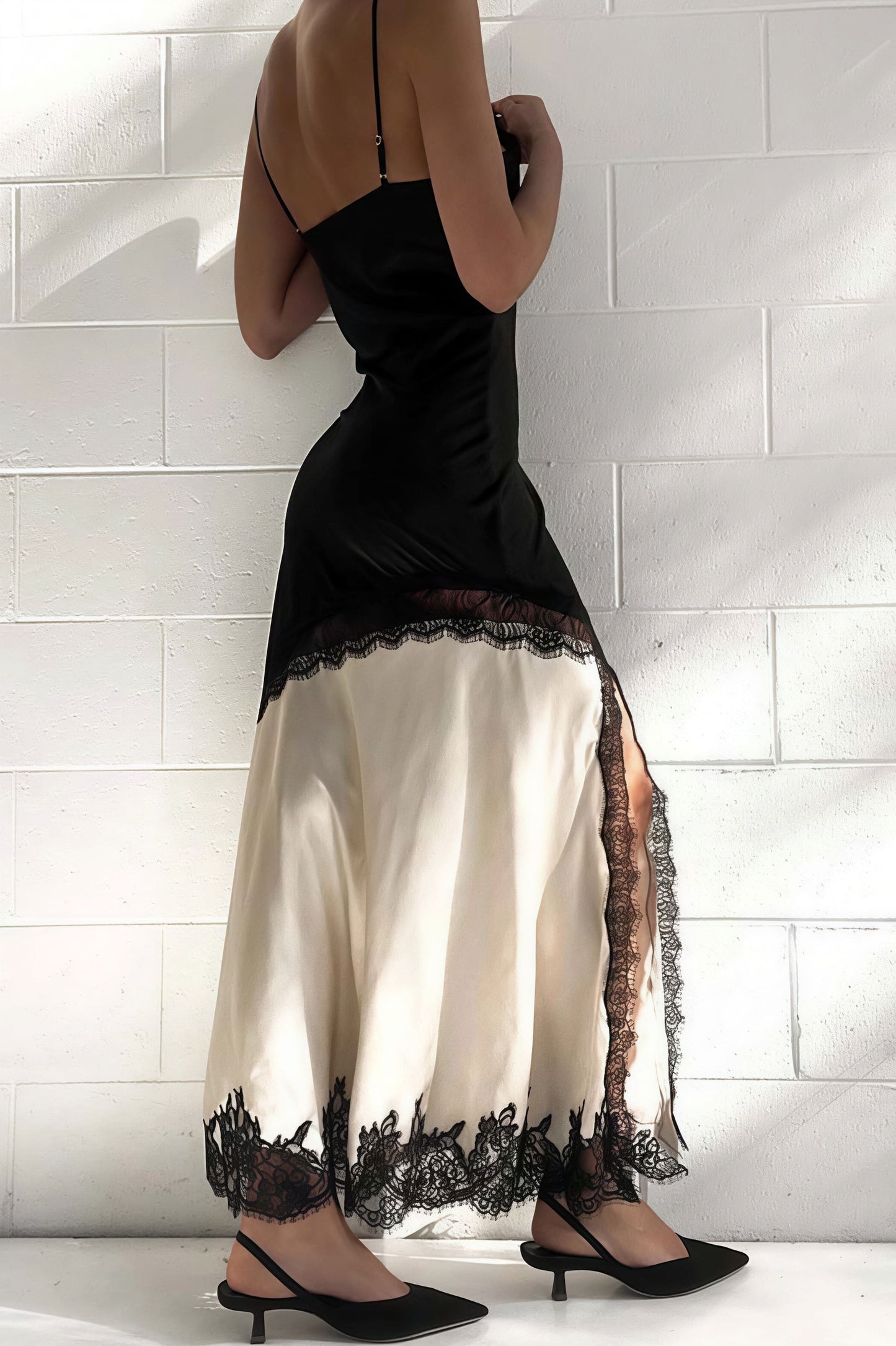 | Lace Ruffled Asymmetrical Maxi Dress