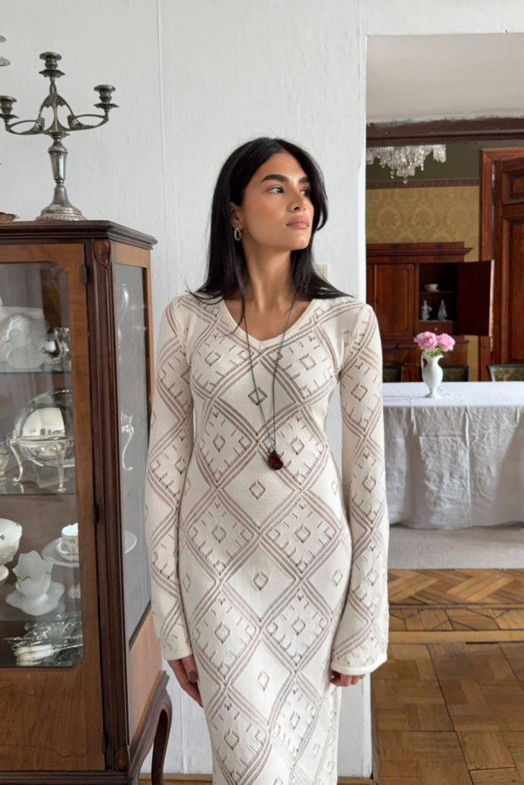 | Knit Argyle Jacquard Long Sleeve Maxi Dress