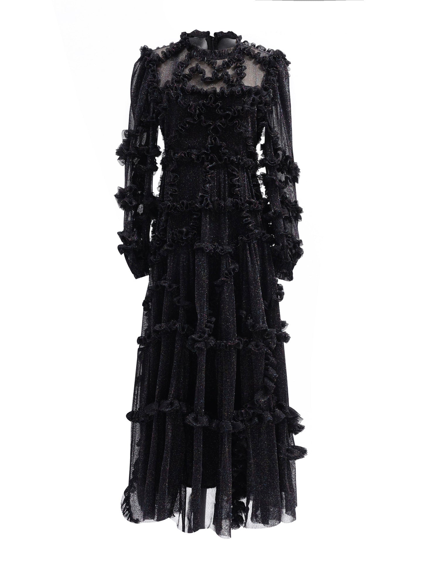 Ruffles Dress Illusion Long Sleeves High Collar Tulle Party Maxi Dresses