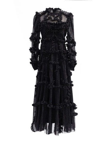 Ruffles Dress Illusion Long Sleeves High Collar Tulle Party Maxi Dresses