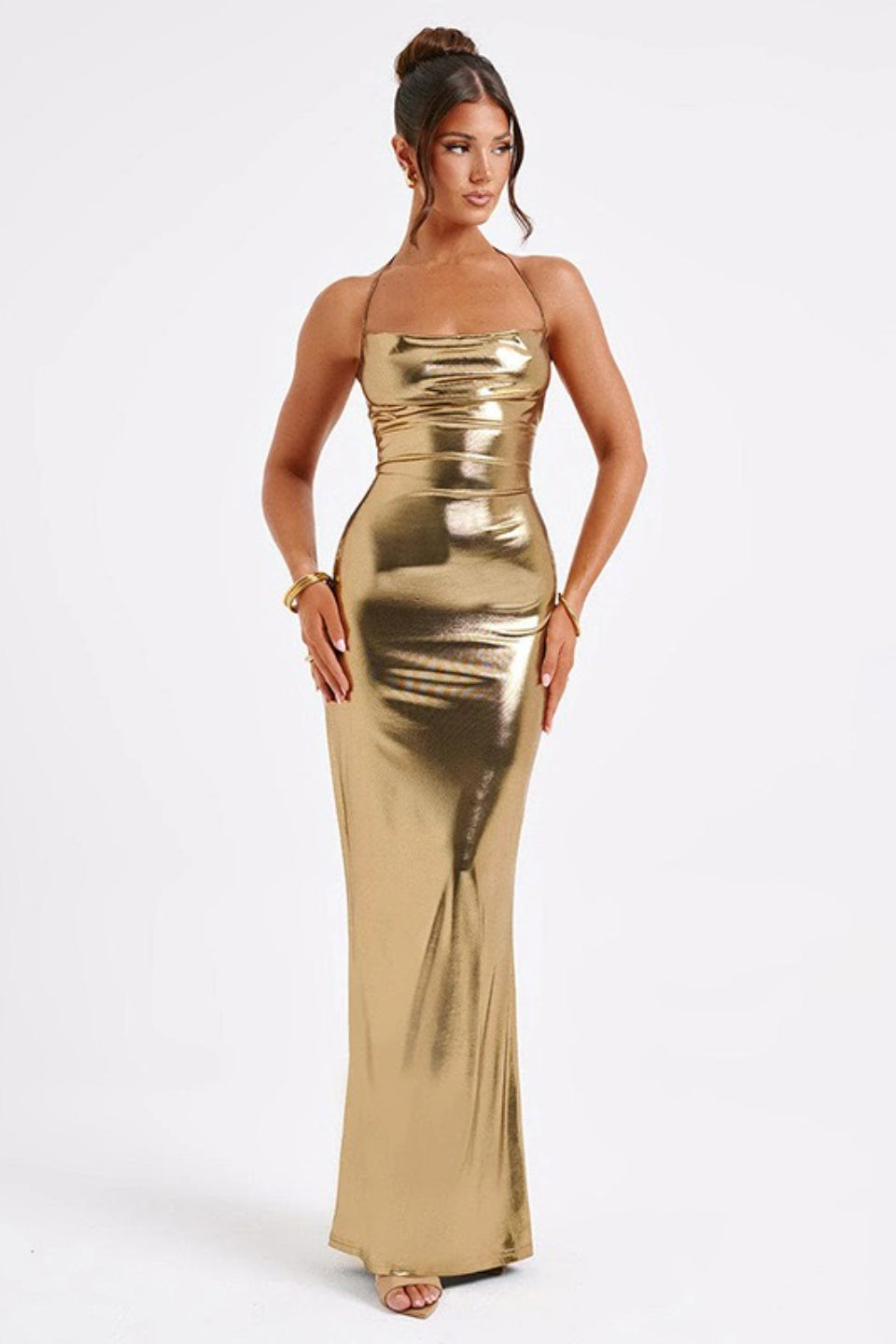 Spaghetti Strap Cowl Neck Liquid Metallic Bodycon Maxi Gown