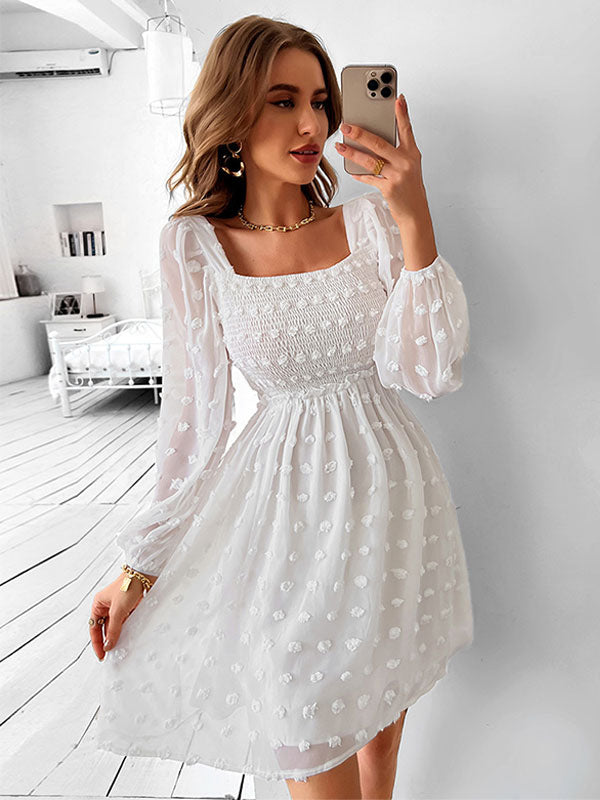 Mini Dresses White Long Sleeves Pleated Short Dress