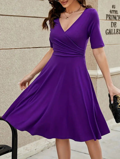 Short Sleeve Surplice V-Neck Fit and Flare Knee-Length Midi Dress