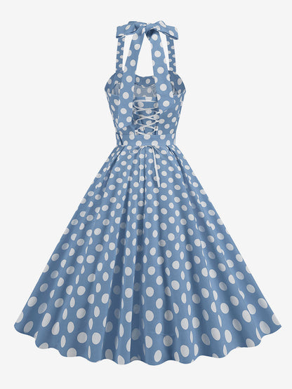 Dress Dot Halter Belted Ring Detail Retro Midi Dress