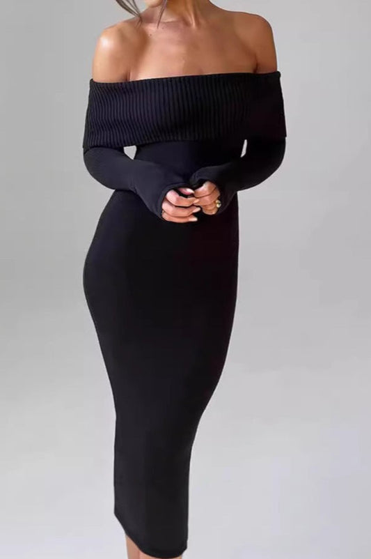 Off Shoulder Ribbed Sweater Dress