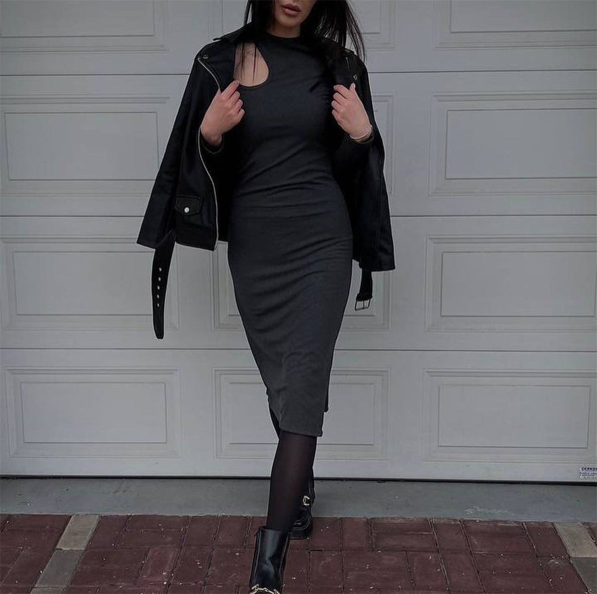 Women Hollow Out Cutout round Neck Tight Rib Dress Autumn Winter Sexy Base Slit Midi Dress Long Sleeve