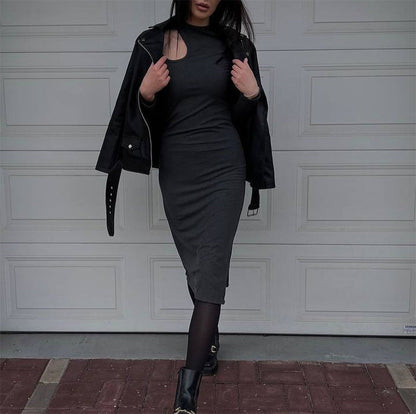 Women Hollow Out Cutout round Neck Tight Rib Dress Autumn Winter Sexy Base Slit Midi Dress Long Sleeve