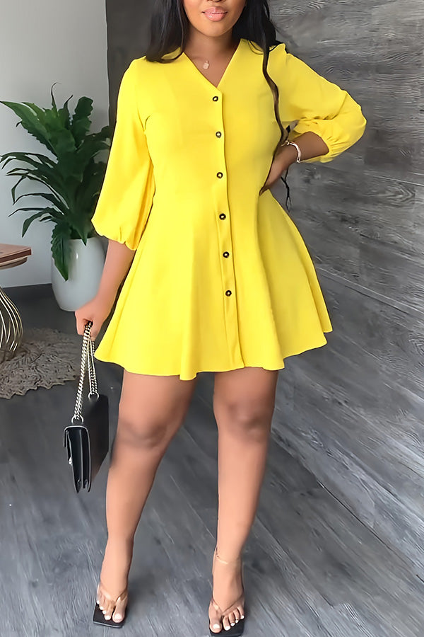 Temperament Solid Color V-neck Half Single Breasted A-Line Mini Dress
