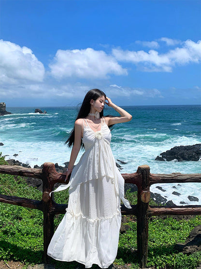 Minimalist White Spaghetti Strap Maxi Dress – Chic Island Getaway Look