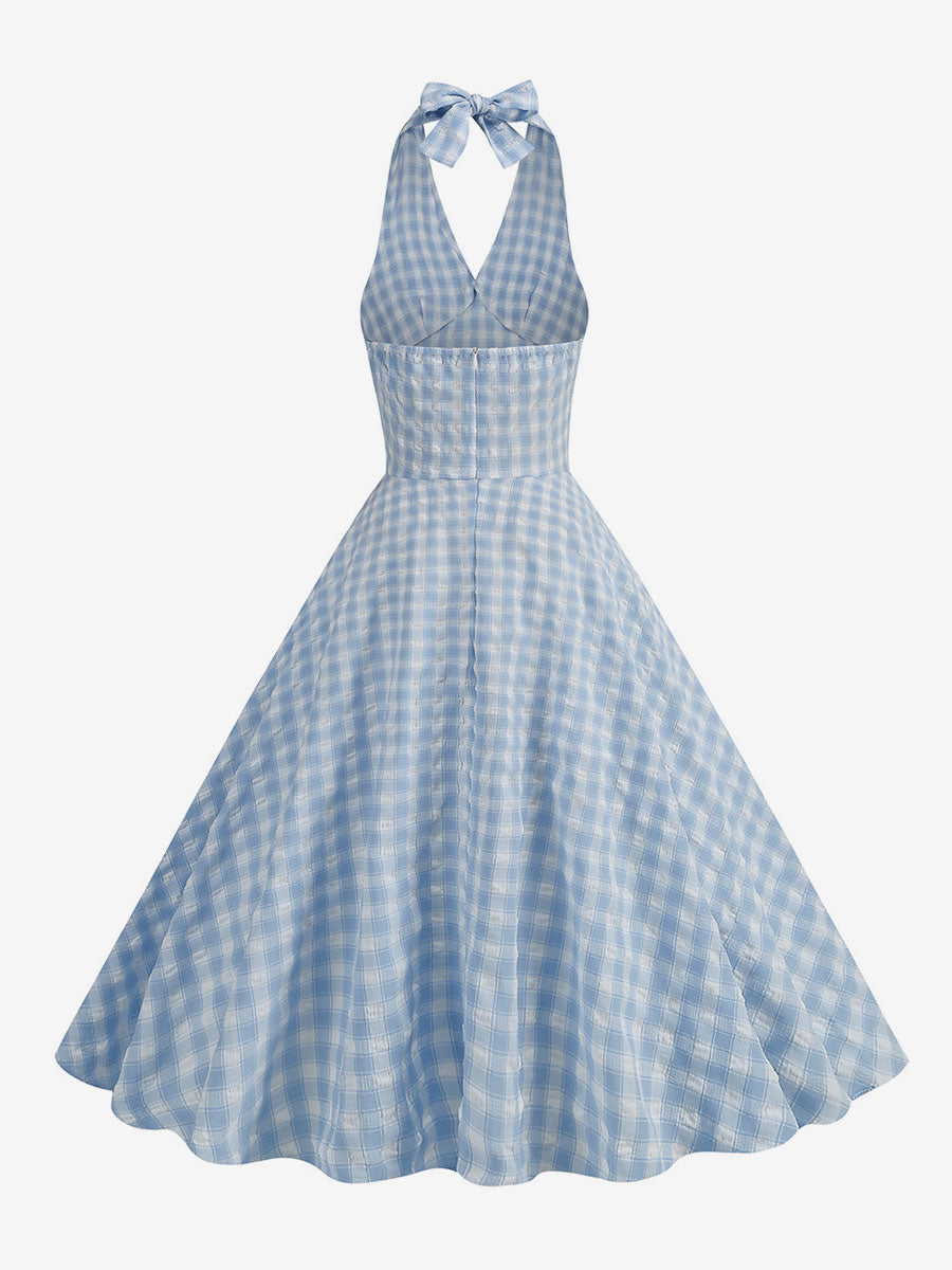 Light Sky Blue Dress Plaid Halter Backless Pleated Retro Midi Dress