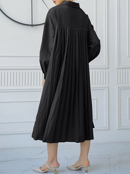 Loose Three-quarter Sleeves Buttoned Split-side Lapel Midi Dresses Shirt Dress