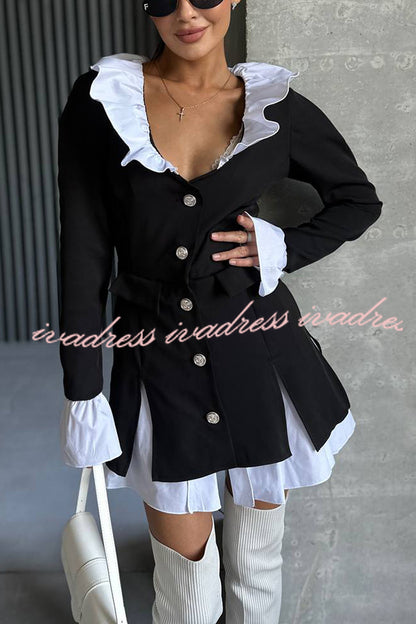 Altair Contrast Ruffled Shirt Patchwork Button Pleated Blazer Mini Dress