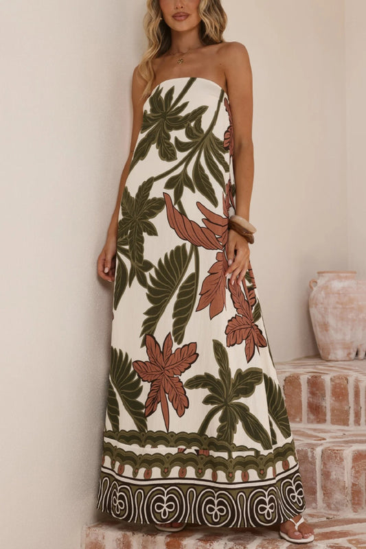 Botanical Print Sleeveless Off-shoulder Resort-style Loose Maxi Dress