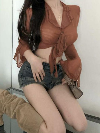 Lace Up Sheer Mesh Cropped Long Sleeve Blouse