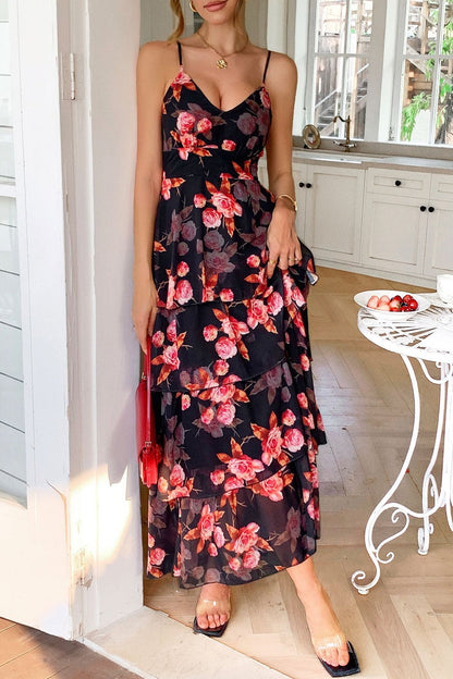Deep V Neck Spaghetti Strap Floral Tiered Ruffle Maxi Dress