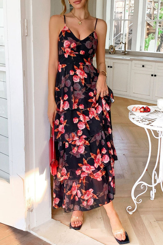 Deep V Neck Spaghetti Strap Floral Tiered Ruffle Maxi Dress