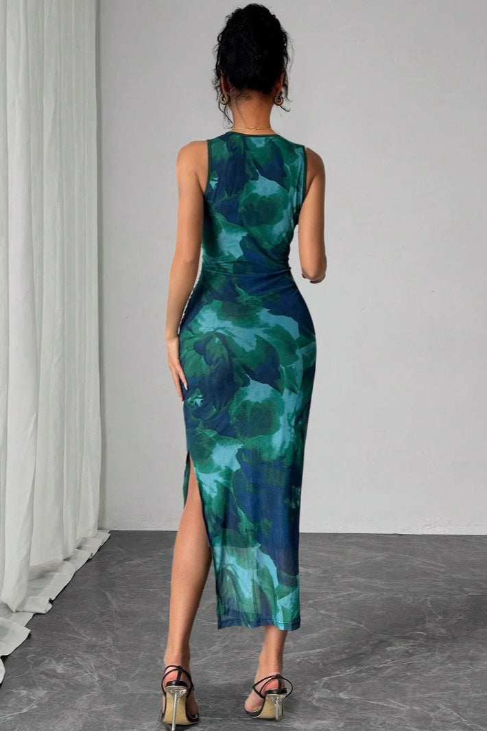 Abstract Floral Ruched Side Slit Crew Neck Bodycon Maxi Dress