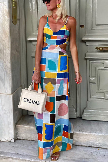 Linen Blend Colorful Unique Print Cutout Back Tie-up Maxi Dress