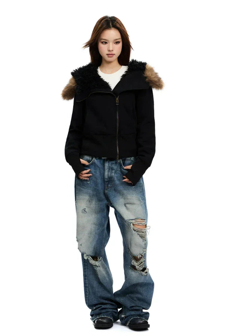 Fleece-Lined Hooded Fur-Collar Zip Short Jacket