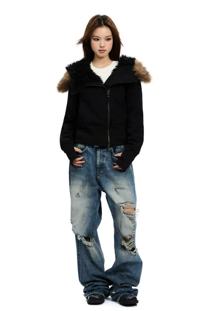 Fleece-Lined Hooded Fur-Collar Zip Short Jacket