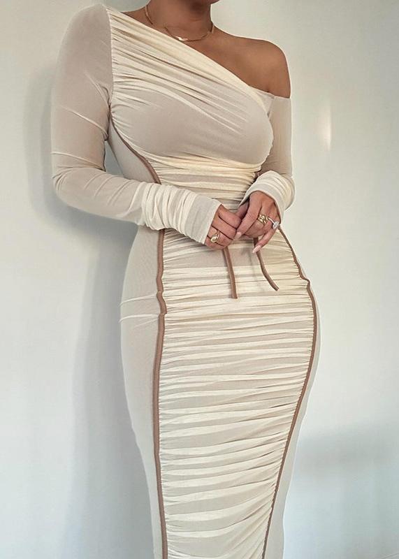 One Shoulder Long Sleeve Ruched Contrast Piping Bodycon Midi Dress