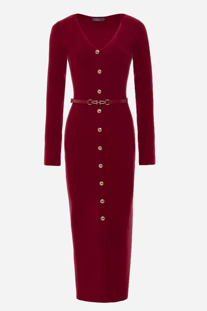 Knit Cable V-neck Solid Mermaid Midi Dress