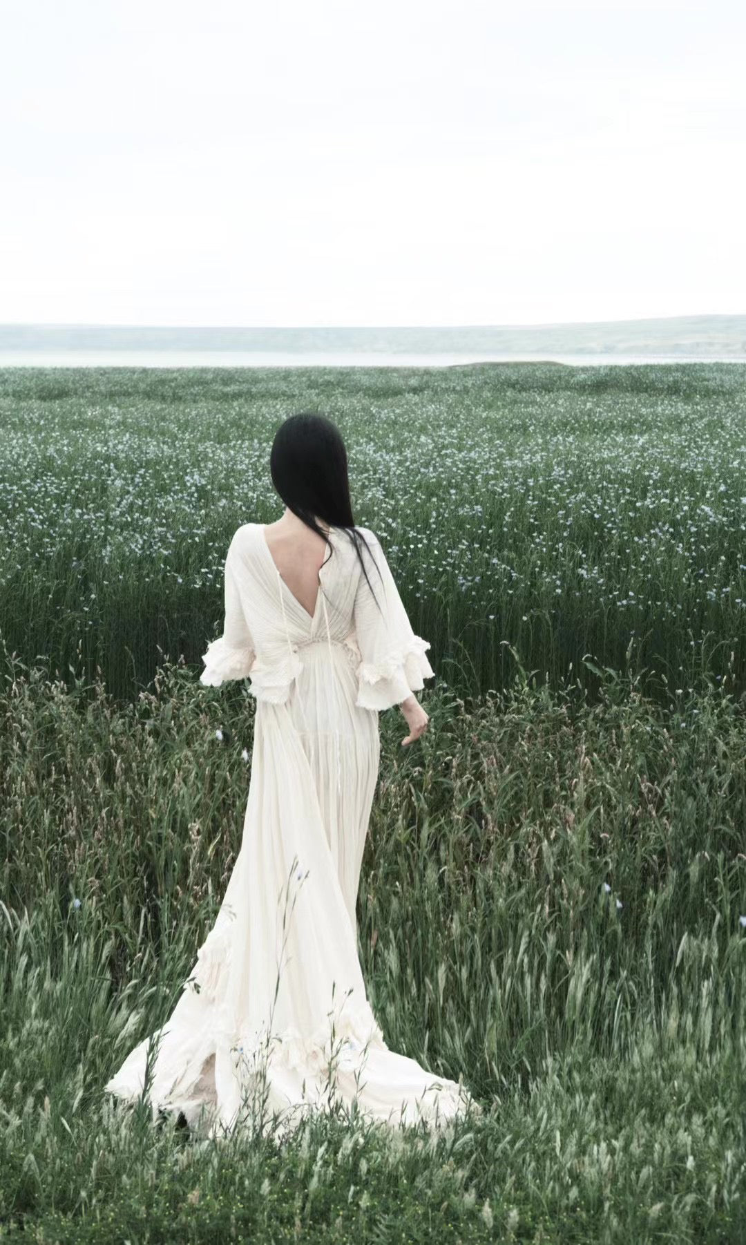 Tailande Linen Maxi Dress – V-Neck Ruffle Goddess Gown with 10-Meter Full Hem