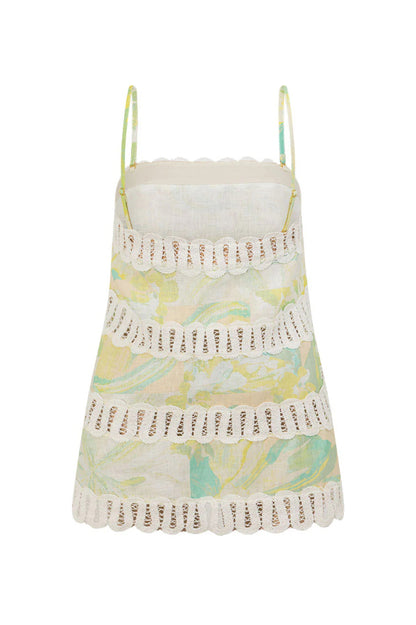 Summer Elegant Printed Curved Crochet Trim Camisole Top and Elastic Waist Casual Pocket Wide-leg Pants Set