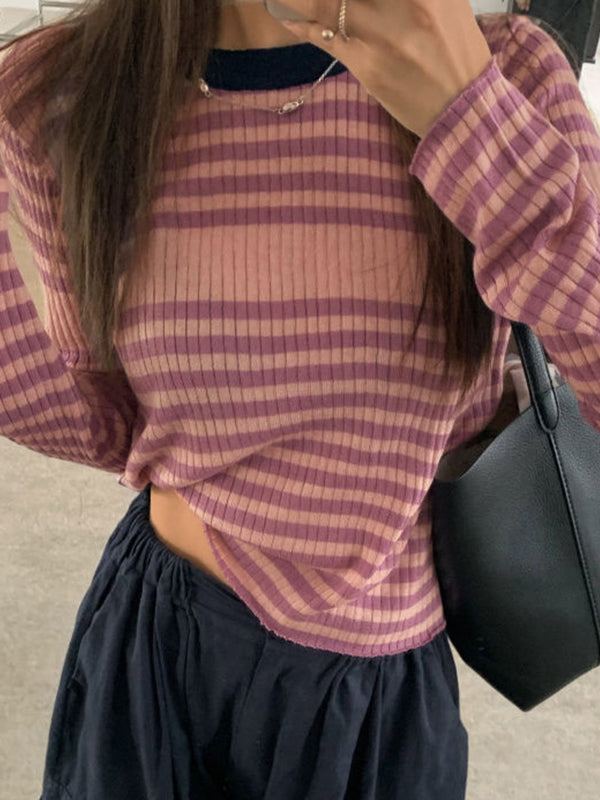 Contrast Color Stripe Slim Long Sleeve Knit