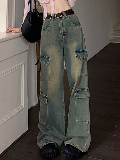High Waist Multi Pocket Mopping Cargo Jeans