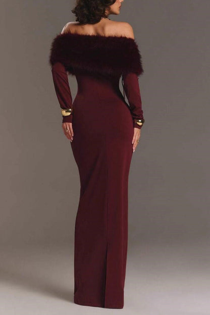 Off Shoulder Faux Fur Trim Long Sleeve Bodycon Floor Length Maxi Dress