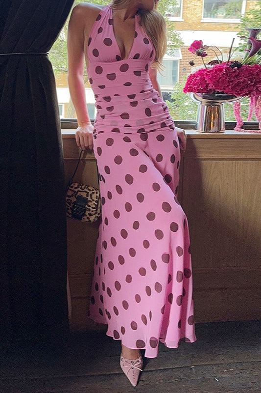 | Polka Dot Halter V-neck Maxi Dress