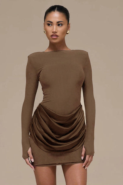 Boat Neck Padded Shoulder Long Sleeve Draped Satin Hip Overlay Bodycon Mini Dress