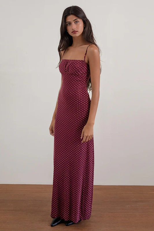 Polka Dot Spaghetti Strap Square Neck Bodycon Maxi Dress