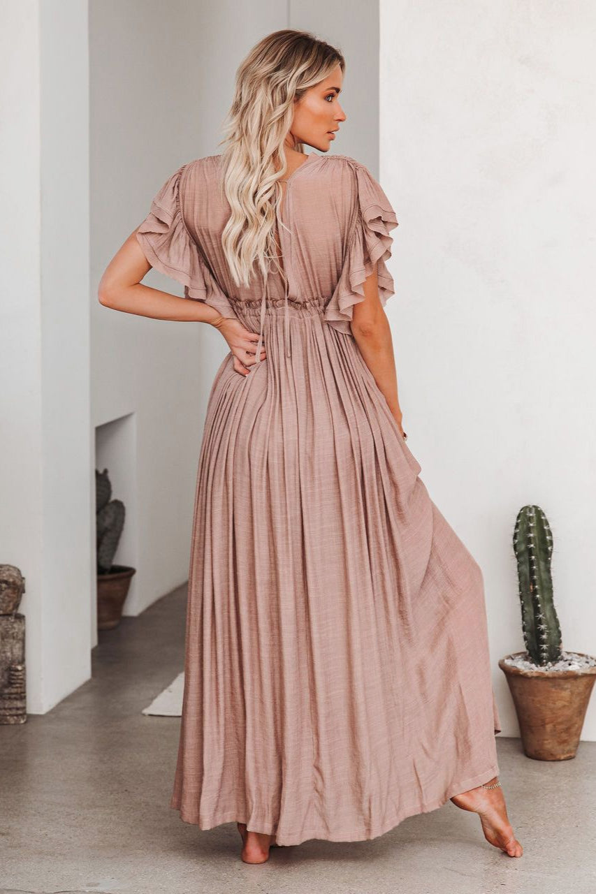Deep V-Neck Flutter Sleeve Button Front Drawstring Waist Maxi Dress