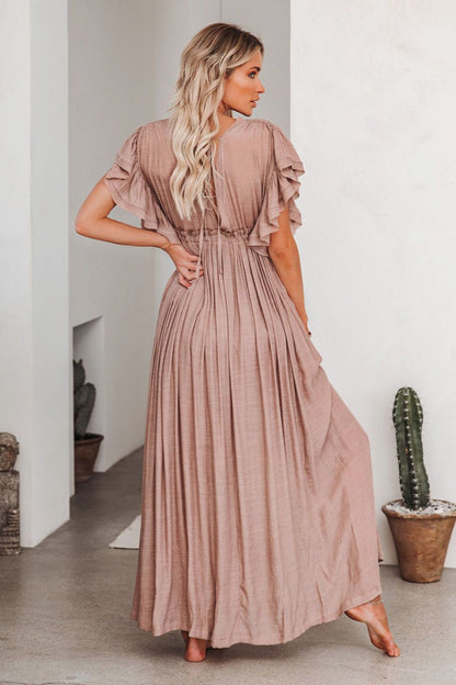 Deep V-Neck Flutter Sleeve Button Front Drawstring Waist Maxi Dress