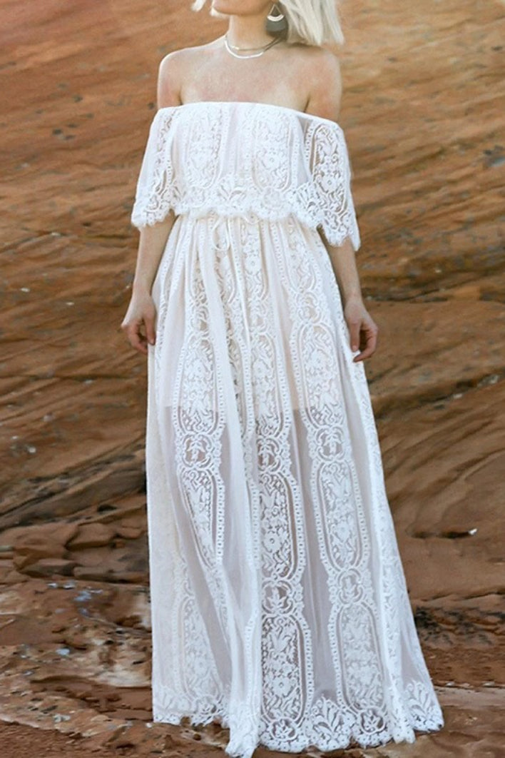 Off-Shoulder Floral Lace Overlay Scalloped Sheer Boho Maxi Dress
