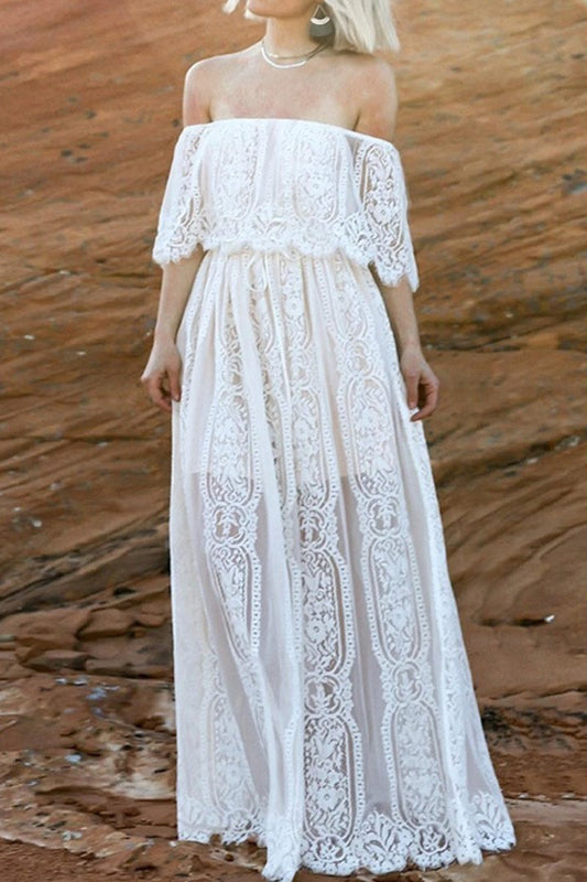 Off-Shoulder Floral Lace Overlay Scalloped Sheer Boho Maxi Dress