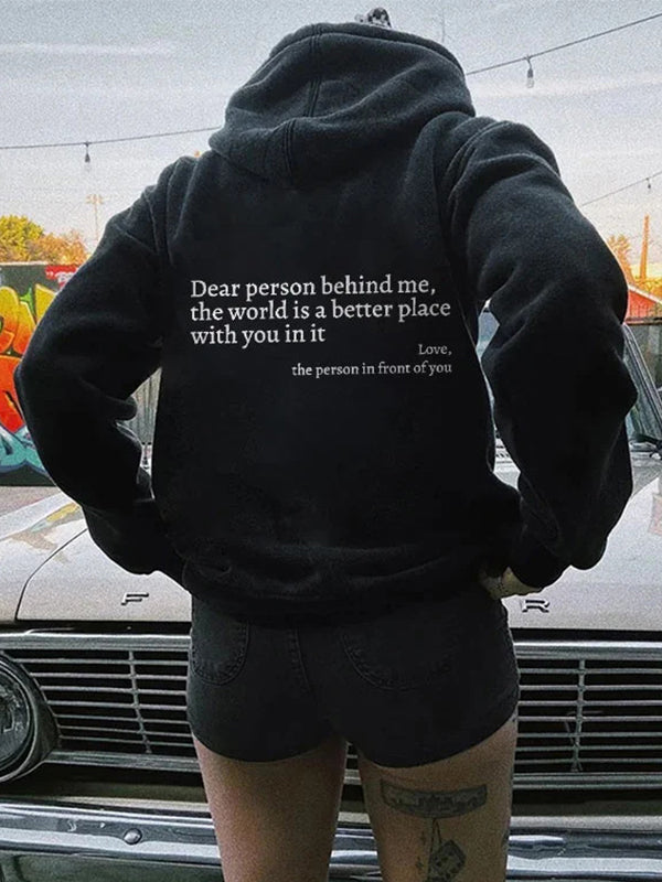 Letter Print Kangaroo Pocket Drawstring Oversized Hoodie
