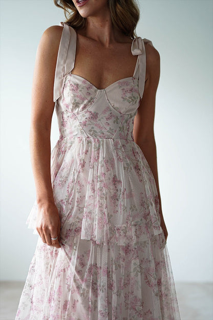 Sweetheart Bustier Tie Shoulder Bow Strap Tiered Ruffle Floral Maxi Dress