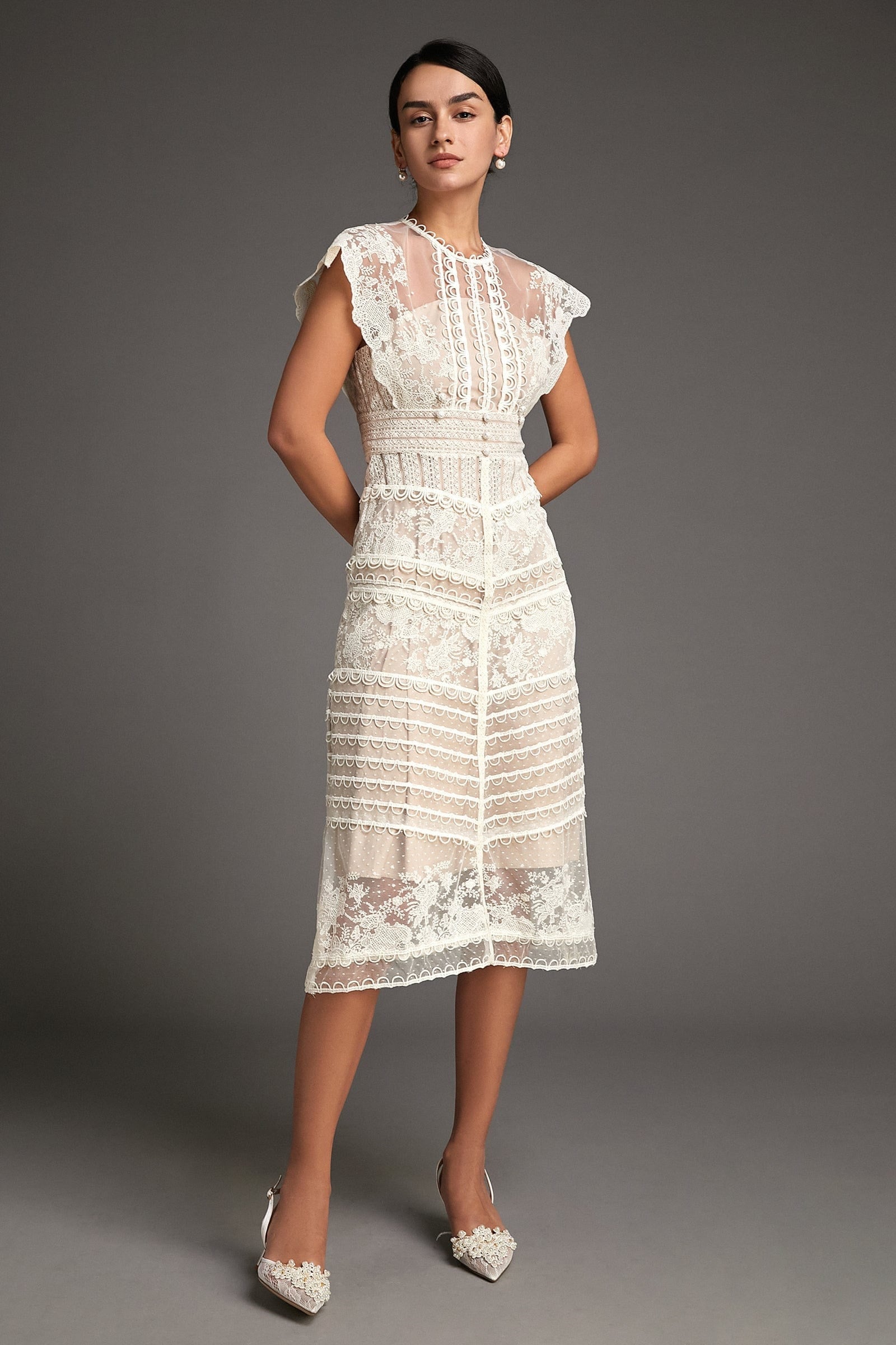 High Neck Lace Yoke Cap Sleeve Button Front Tiered Lace Midi Dress