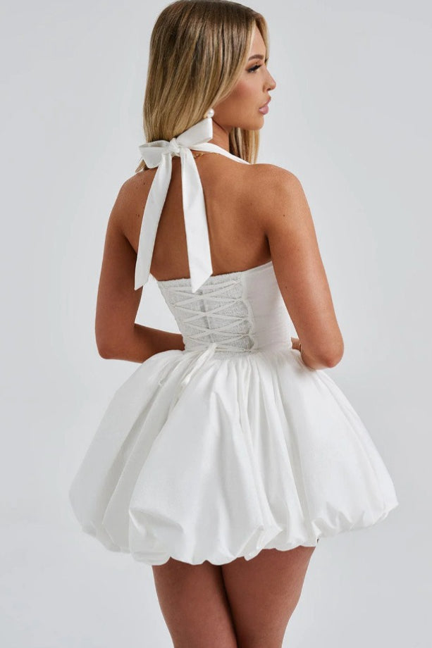 Halter Bow Back Corset Basque Waist Bubble Hem Mini Dress