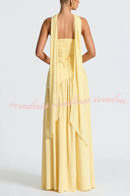 Elegant Off Shopulder Chiffon Pleated Hem Scarf Slit Maxi Dress