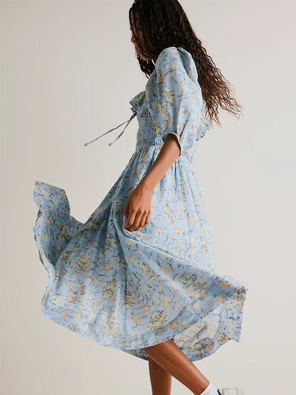 A-Line Dress Floral Ruching Sqaure Neck Three Quarters Daily Casual Midi Dresses