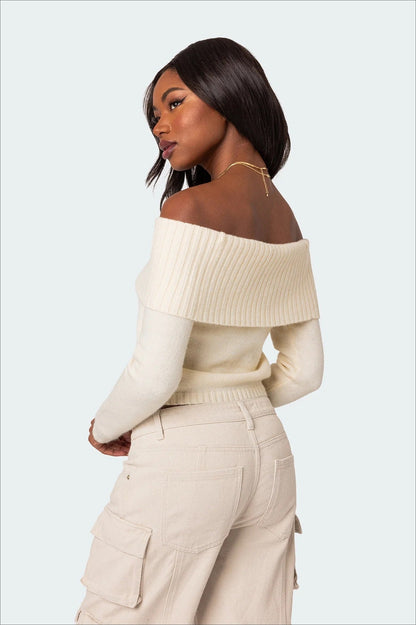 Solid Off Shoulder Pullover Sweater