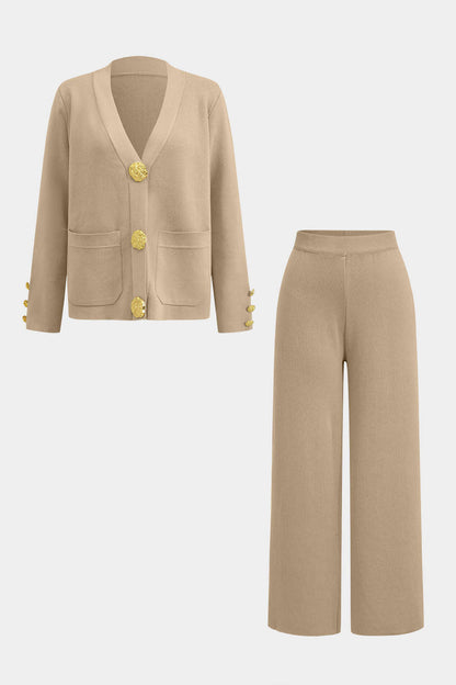 Button Detail Knit Cardigan And Wide-Leg Pants Set