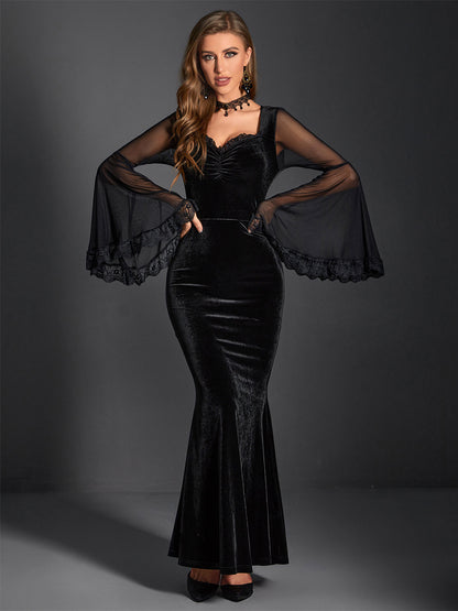 Velvet Dress Sweetheart Neck Bell Sleeves Gathered Front Prom Maxi Dresses